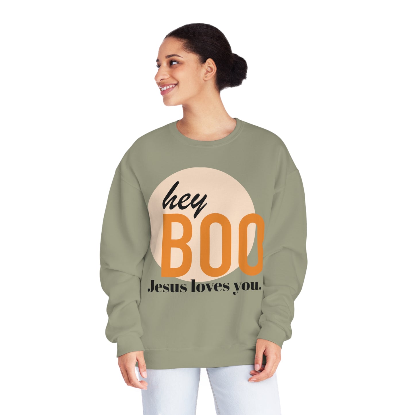 Hey Boo Jesus loves you. NuBlend® Crewneck Sweatshirt