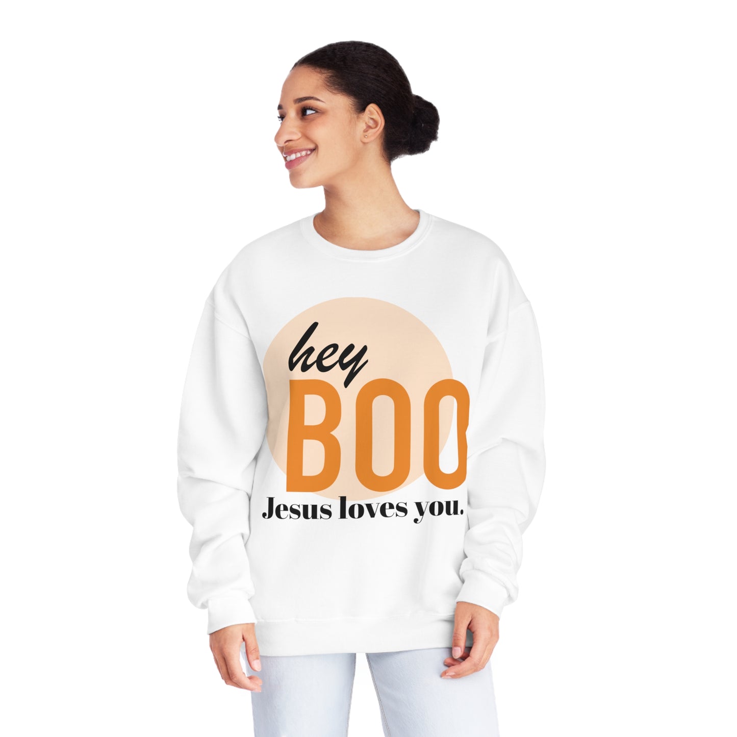 Hey Boo Jesus loves you. NuBlend® Crewneck Sweatshirt