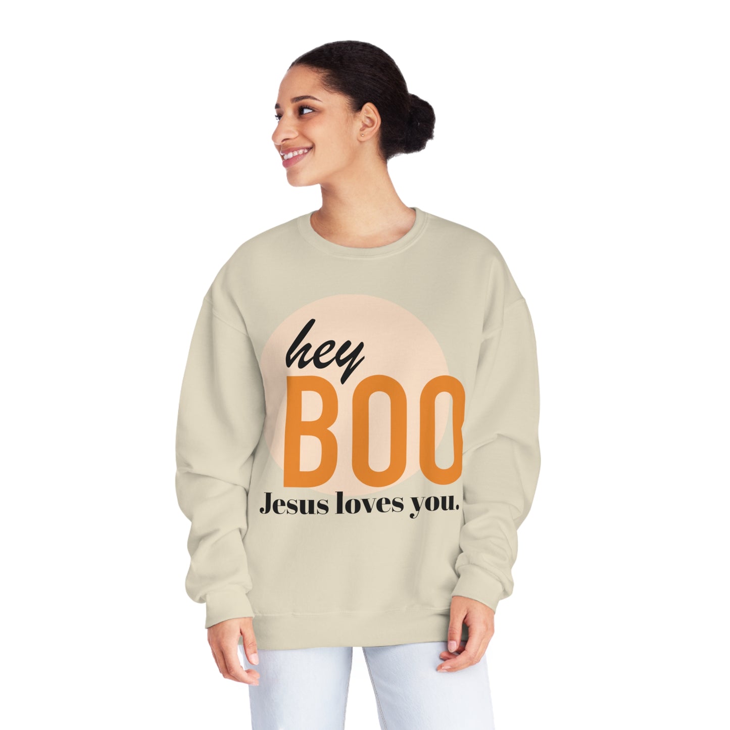 Hey Boo Jesus loves you. NuBlend® Crewneck Sweatshirt